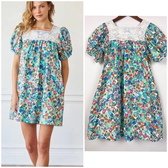 Mi Golondrina Maria Turquesa Dress S Floral Embroidered Square Neck Puff Sleeve - Picture 2 of 10